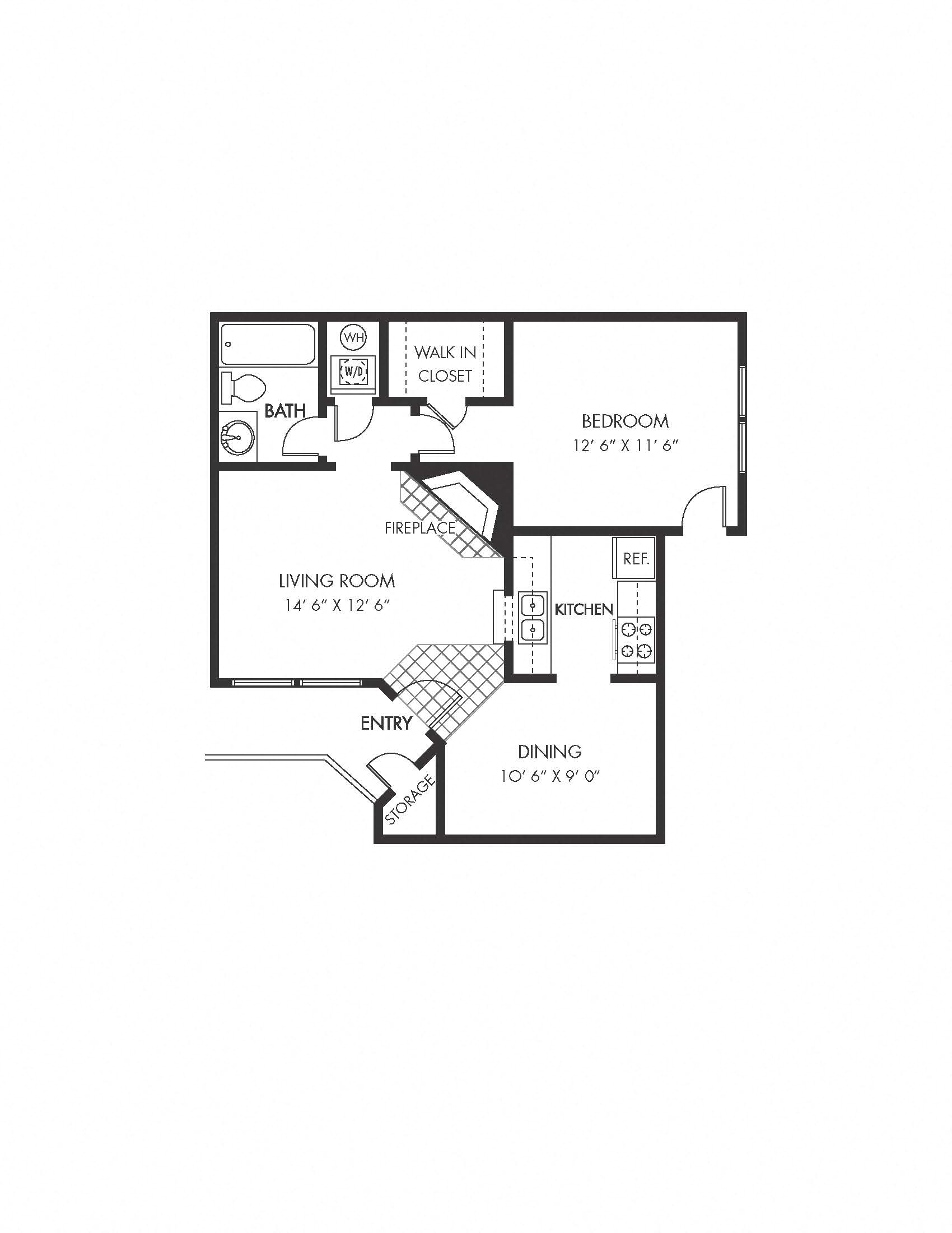 Floor plan for 1 bed, 1 bath, 652 sqft